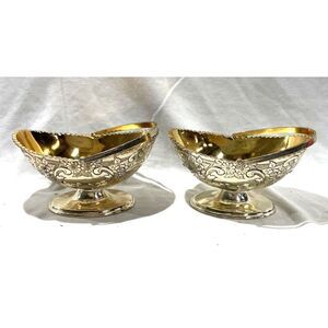 Vintage Corbell & Co Silver-Plated Footed Candy Baskets Gold Wash Navette Bowls